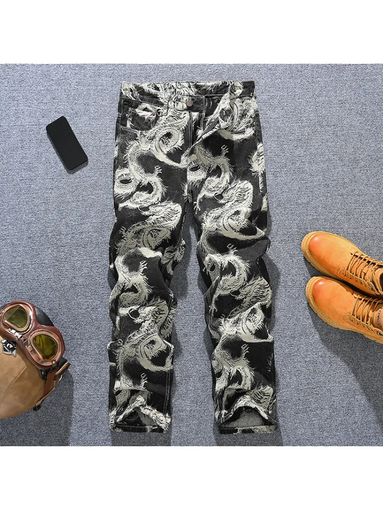 جينز فضفاض بأرجل مستقيمة ومطرز بنمط تنين على الطراز الصيني للرجال والشباب وسراويل عصرية كلاسيكية عالية الشارع #6