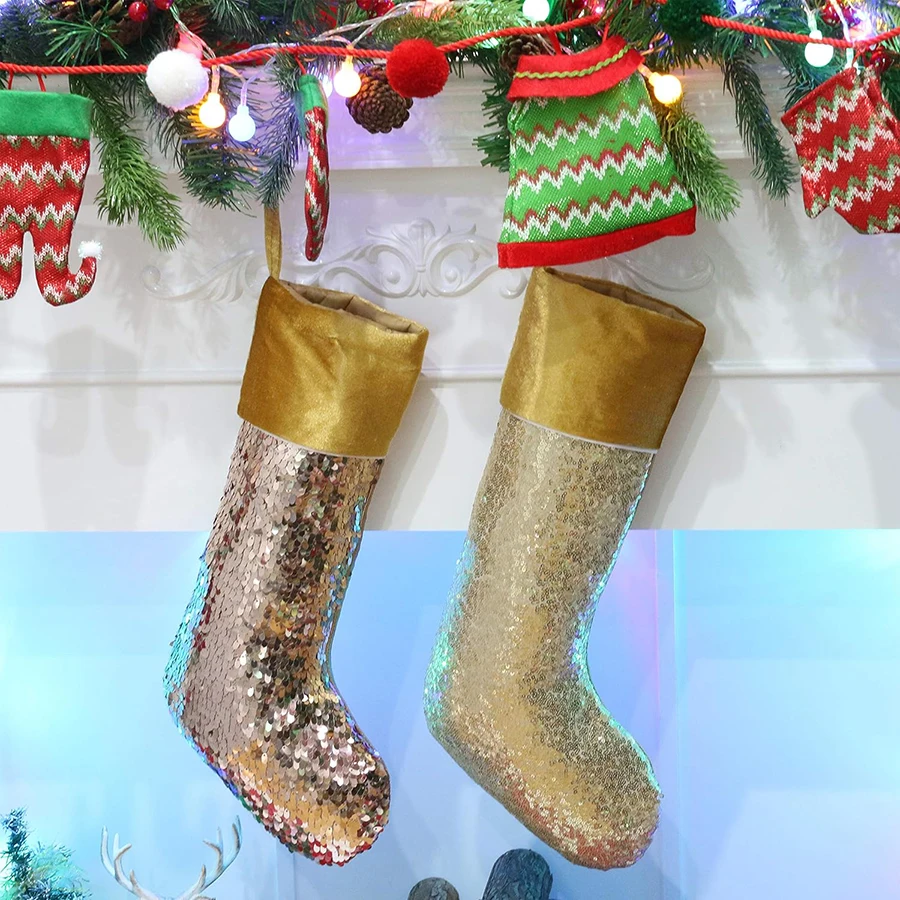 

2 PCS 20 Inch Sparkle Sequin Christmas Stockings Glitter Xmas Holiday Party Supplies Gifts for Kids Family Extra Long Decoration