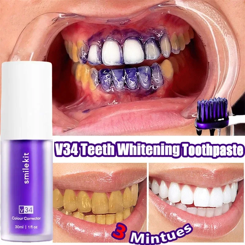 30ml V34 dentifricio sbiancante viola rimuovi macchie riduce l'ingiallimento cura per i denti gengive alito fresco denti schiarenti 2023