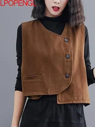 Nieuwe Dames Losse Vest Katoenen V-Hals Mouwloze Knoop Effen Kleur Casual Jas 2024 Lente Koreaanse Vintage Eenvoudig Gezellig Vest Top