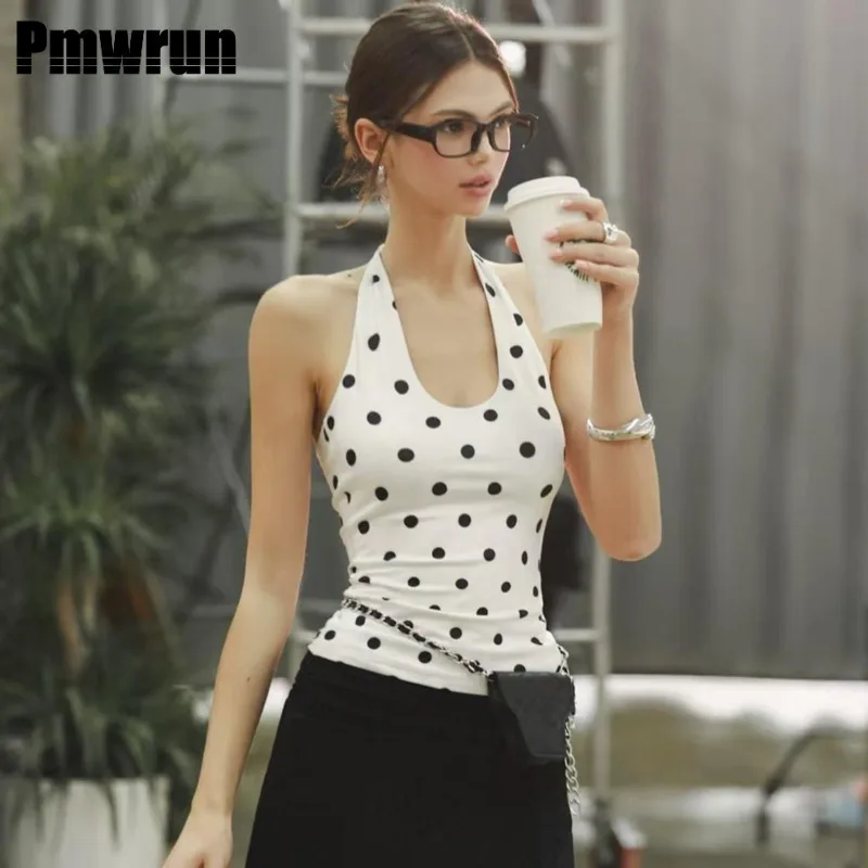 

PMWRUN женская майка для йоги с лямкой на шее в горошек, дышащий эластичный материал для тренажерного зала, йоги, пилатеса, танцев, тренировок