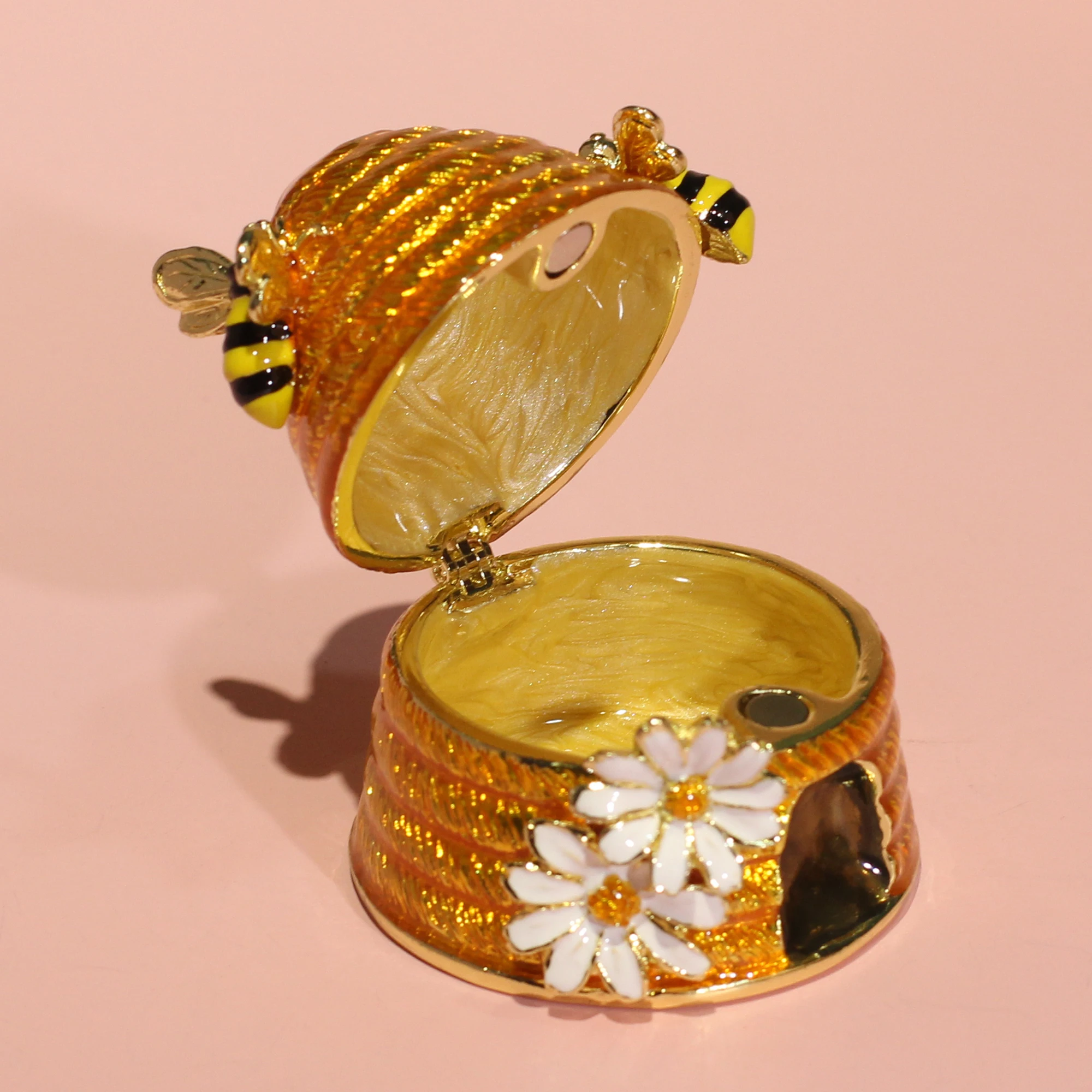 Yellow Honey Bee Hive Bejewled Trinket Box Jewelry Keepsake Pewter Collectible Figurines Novelty Gift