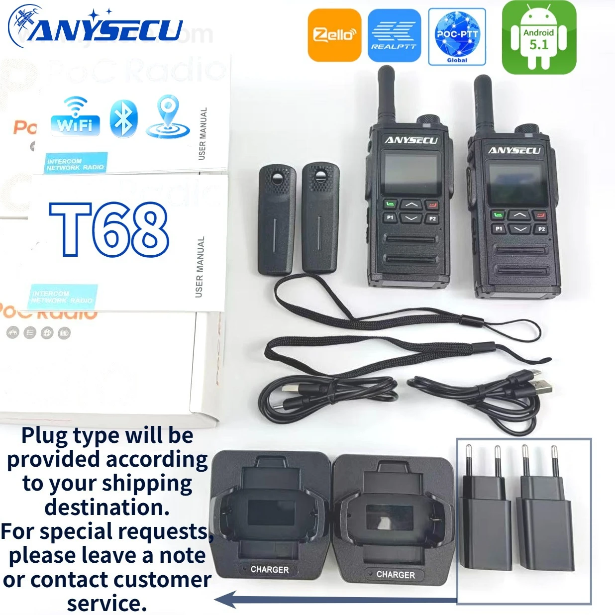 ANYSECU T68 2 Pack 4G LTE Network Radio Android PTT PoC Two Way Radio Handheld Walkie Talkie WiFi GPS SIM Card