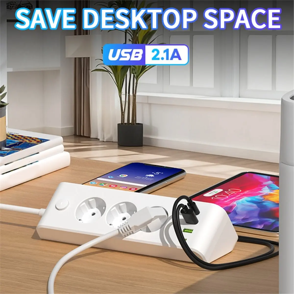 update. 7 in 1 Desktop Corner Power Strip 2 Meter Extension Cord Power Socket with Small Night Light and Clock-EU Plug