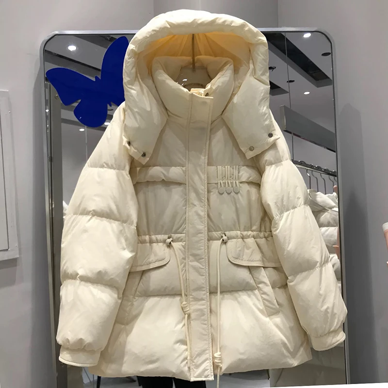 

Winter Warm Hooded Drawstring Down Jacket Women White Duck Down Fluffy Waterproof Parker Outwear Female Big Pocket Zipper Jacket