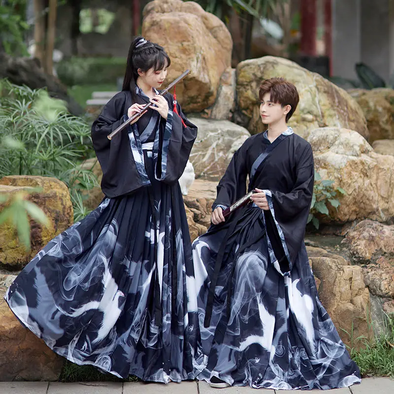 Matching Couple Clothes Set Men And Women Unisex Costume Flower Printed Big Sleeve Tops Skirt Traditional Hanfu Cosplay Party