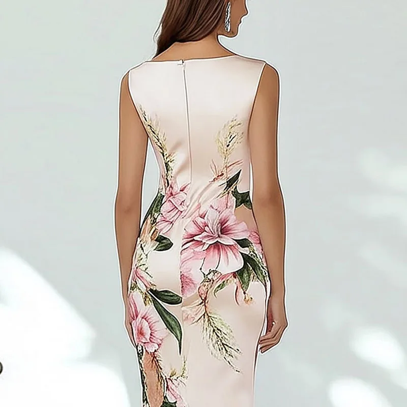 الصيف بلا أكمام عودة زيبر فستان مناسبات موضة الأزهار المطبوعة سليم Bodycon فستان الحفلات امرأة أنيقة الخامس الرقبة تخفيف فساتين #3