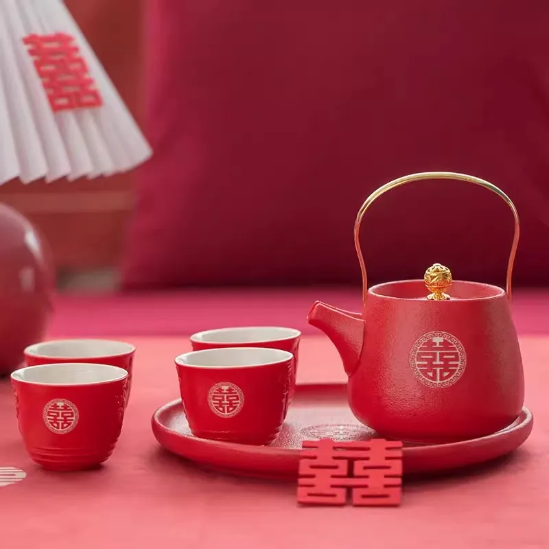 Red Ceramics Tea Pot Set, Boutique Customized Tea Set Gifts, Handmade Teaware Accessories, Household Wedding Celebration