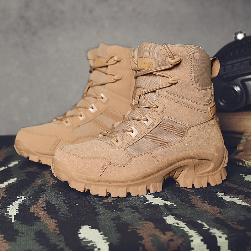 Men's Tactical Boots Suede Leather Waterproof Hiking Shoes Anti Slip Outdoor Mountain Climbing Shoes Breathable Huntining Boots