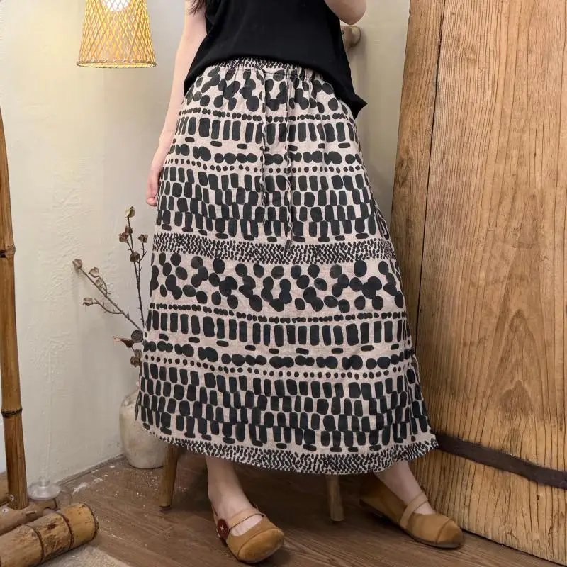 Spring Summer Arts Style Women Elastic Waist Loose A-line Skirts Vintage Floral Print Cotton Linen Long Skirt High Quality TH138