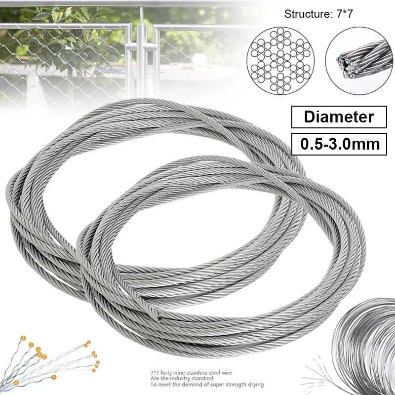 3Rolls~1Roll Diameter 0.5mm~3mm 7X7 Structure 304 stainless steel wire rope thin cable softer fishing lifting cable