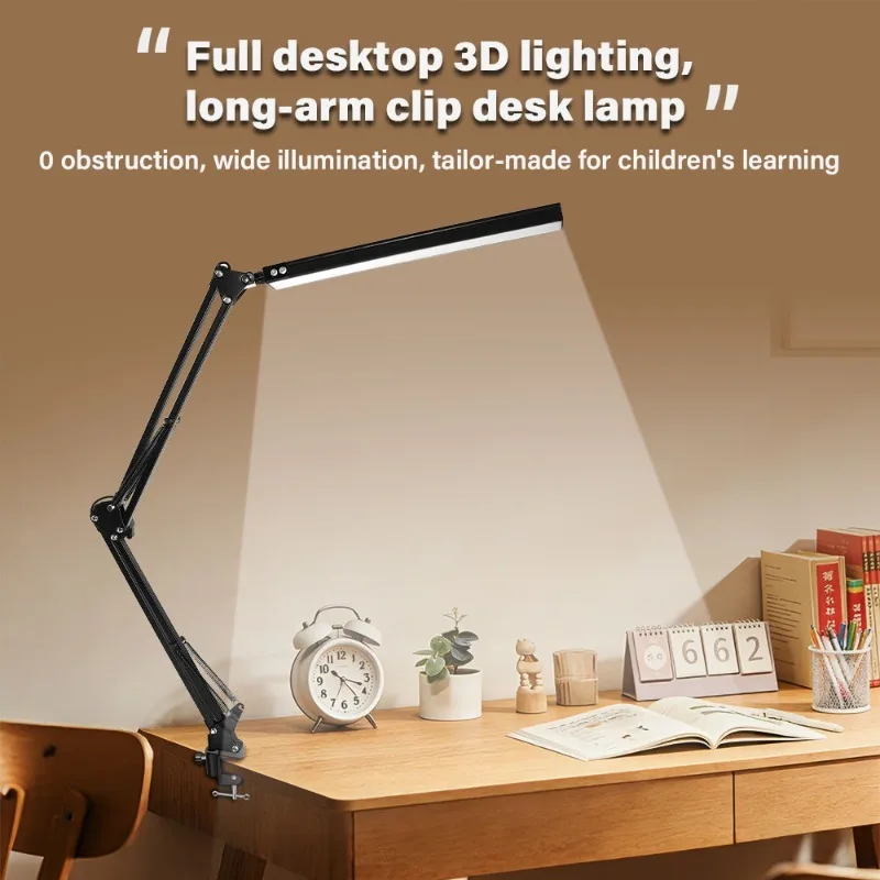 LED-Klappbare Metall-Schreibtischlampe mit Klemmfunktion, Dimmbare Tischlampe mit langem Arm, 3 Farben einstellbar, für Wohnzimmer, Lesen und Computerarbeit
