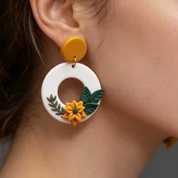 Handmade Sunflower Polymer Clay Earrings Women 3D Floral Hoop Mustard Yellow Sage Green Geometri Botanical Dangle Earrings Gift