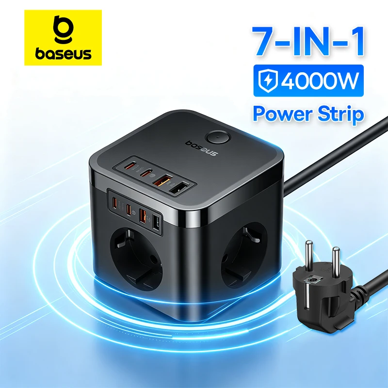 Multiprise de charge rapide 7-en-1 Baseus avec 3 prises CA et station de charge USB Type-C, adaptateur de rallonge électrique