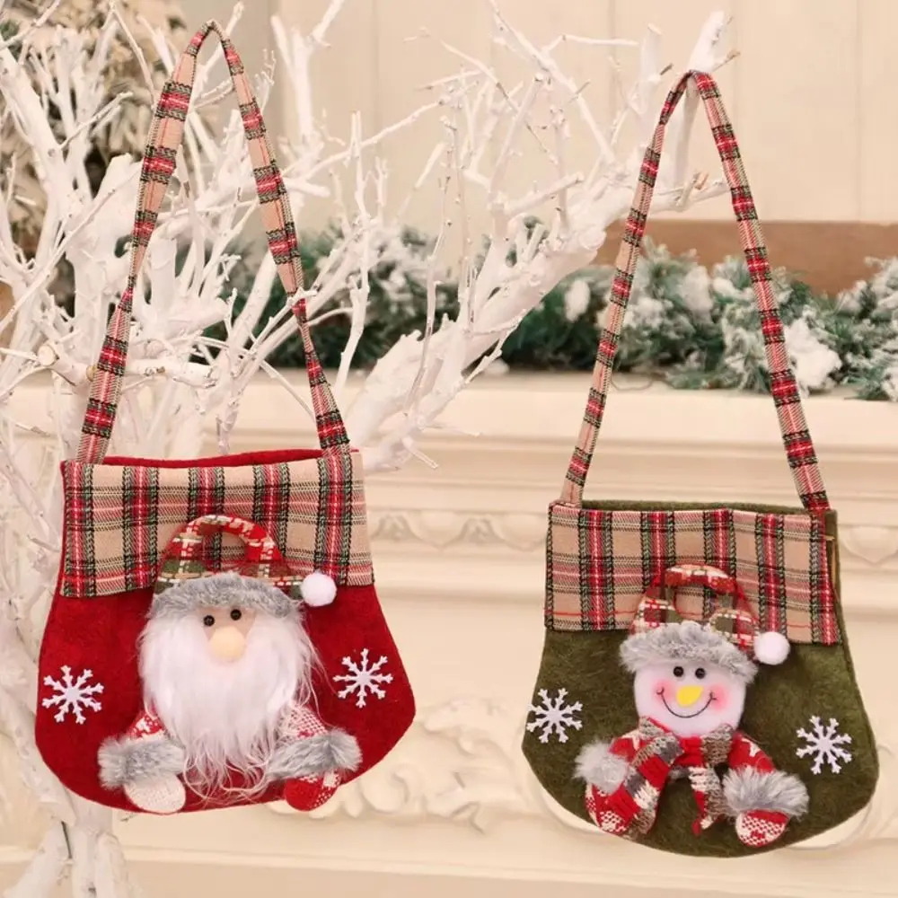 Plaid Trim Christmas Gift Bag Applique Decoration Open Top Holiday Gift Bag Long Carry Handles Christmas Tote Bag