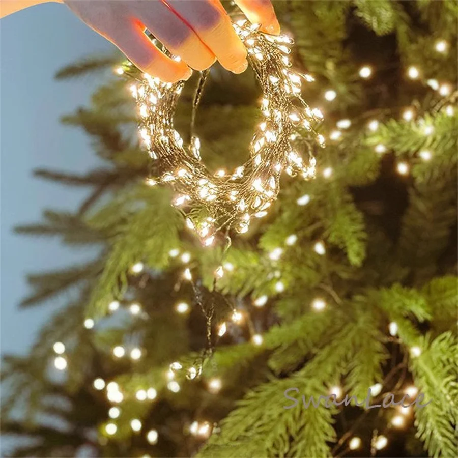 E2 600/900 LED في الهواء الطلق شجرة عيد الميلاد وميض الألعاب النارية سلسلة أضواء عيد الميلاد الأخضر الأسلاك النحاسية العنقودية أضواء الجنية مع جهاز التحكم عن بعد