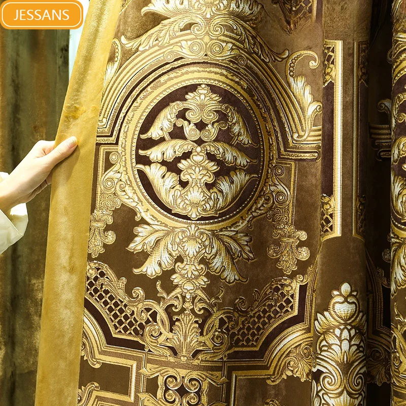 

Golden yellow luxury European style thickened jacquard atmosphere relief shading Curtains for Living dining room bedroom