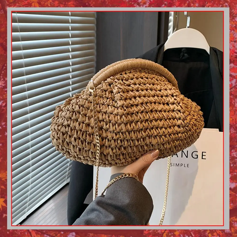 

Women Straw Woven Bag Chain Strap Fashion Shoulder Bag Handmade Stylish Crossbody Bag Large Capacity for Outdoor Travel