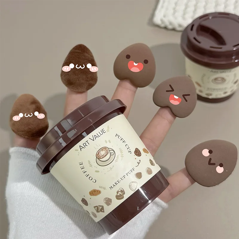 5pcs ART VALUE Coffee Cup Thumb Puff Set, Soft Flocked Multi-use Makeup Puff for Face Foundation Blush Highlight
