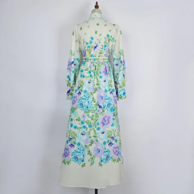 Real Shot Spot Fashionable Elegant Spring and Autumn New Long-Sleeved Cotton and Linen Dress Single-Breasted Positioning Printed