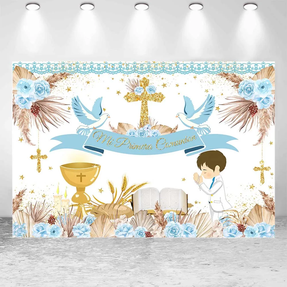 Mocsicka Boho Baptism Backdrop Boy First Holy Communion Party Decor Mi Primera Comunión Photo Background Newborn Photocall Props