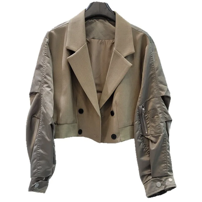 HKSH 秋の新女性トレンディなショートコートダブルブレストスプライシングコントラストカラーヴィンテージエレガントなファッションハイストリートブレザー HK9637