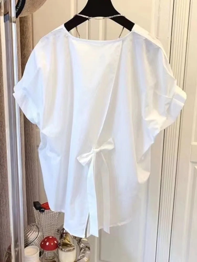 Cotton Asymmetrical Crop Blouse Women Korean Pleated Bow Bandage Shirt Casual O-neck Solid Elegant Blusas Mujer Moda