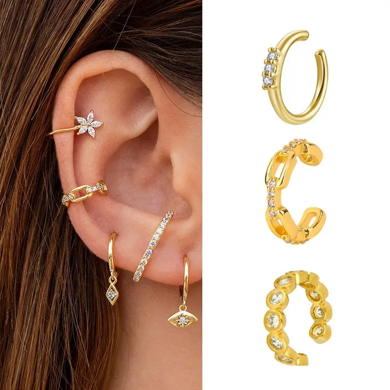 

1PC 24K Gold-Plated European Style Geometry Metal Punk Crystal Ear Clip For Women CZ Fashion Elegant Earrings Jewelry Gift