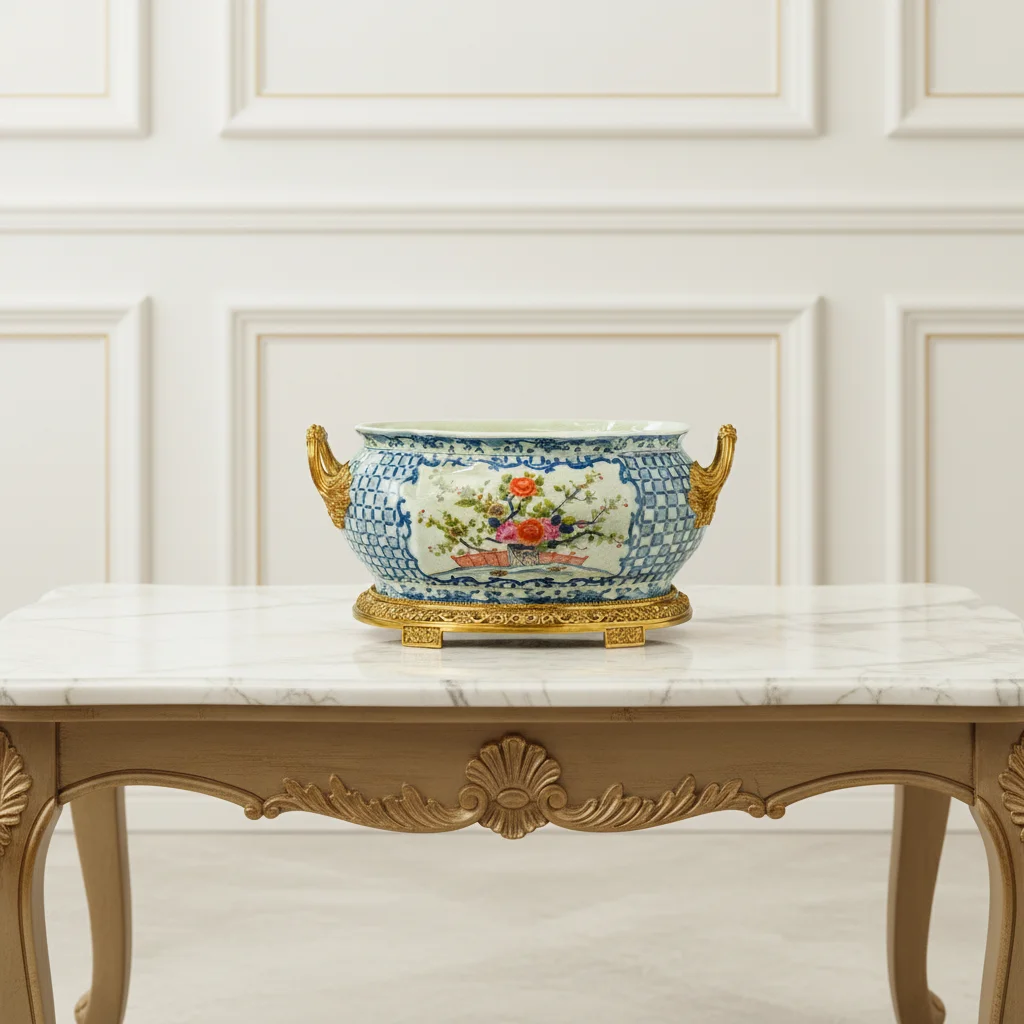 &c Hand-painted Copper Base with an European Retro Style Large Ceramic Tabletop Flowerpots and Vases