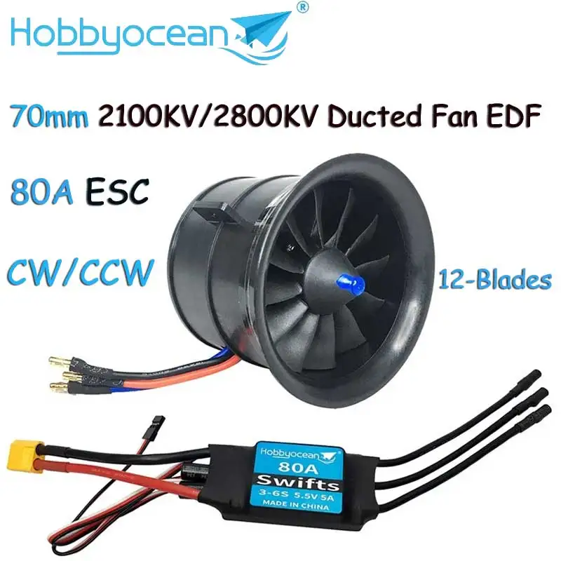 Hobbyocean 70mm Ducted Fan EDF 12-Blades 4S 2800KV 6S 2100KV 80A ESC About 2200G Thrust Combo for RC Airplane EDF Plane RC Model