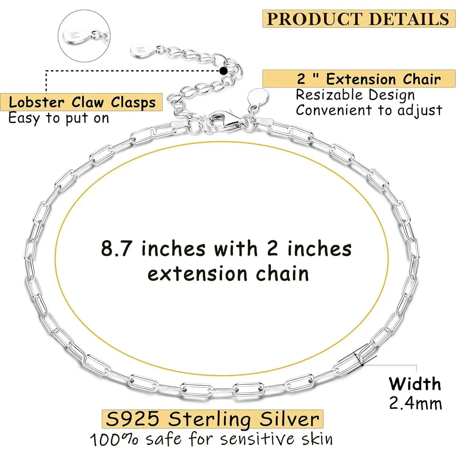 Fansilver S925 Sterling Silver Ankle Bracelet for Women 18K White Gold Plated Bracelets Durable Ajustable Ankle Bracelet