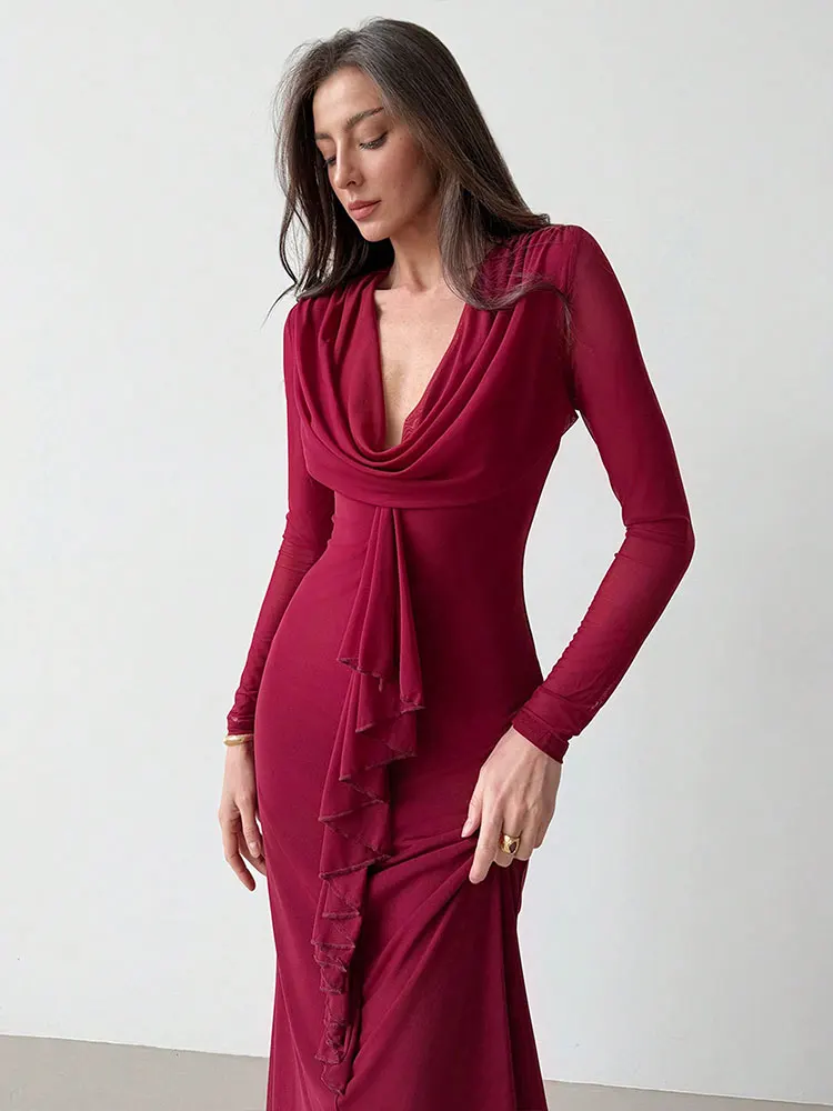 Outono novas mulheres maxi vestidos dupla moda camada malha streetwear mangas compridas vestido sólido sexy com decote em v vestidos femininos elegantes