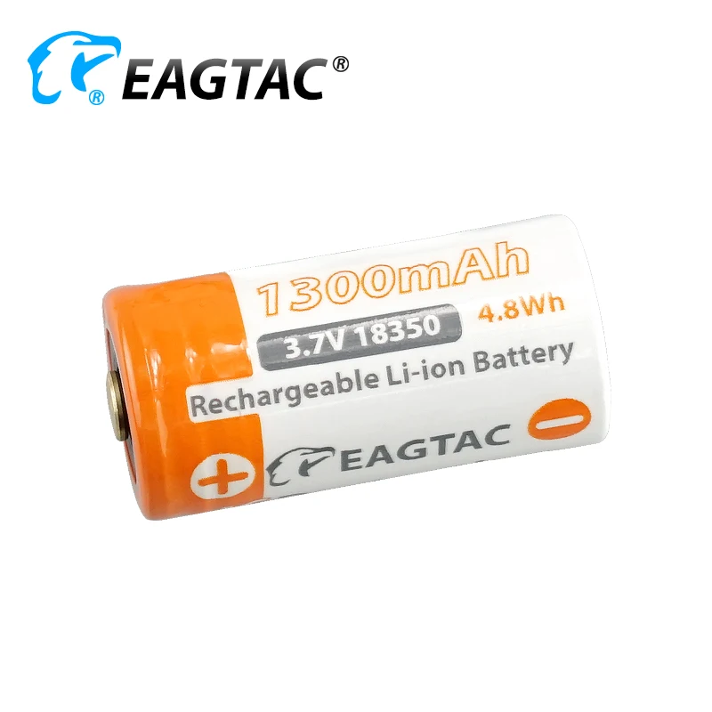 EAGTAC 18350 1300mAh 3.7V Protected Li-ion Battery (10A 15A discharge) Brass Button Top 2PCS/LOT