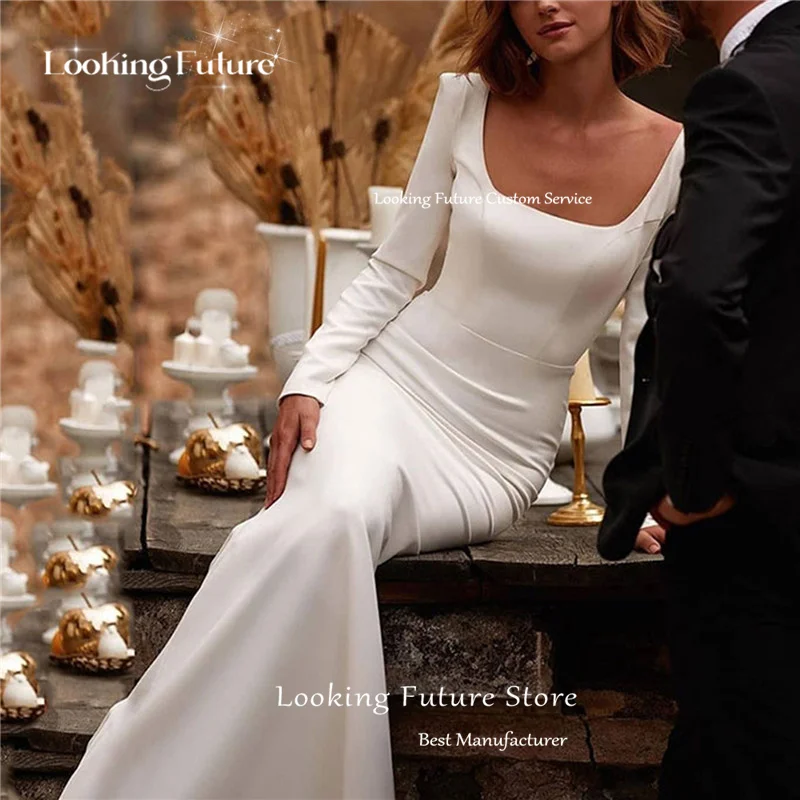 Simple Sexy Mermaid White Wedding Dress Satin Backless With Zipper Pleat Long Sleeve Bridal Gown Square Collar Court Train 2024