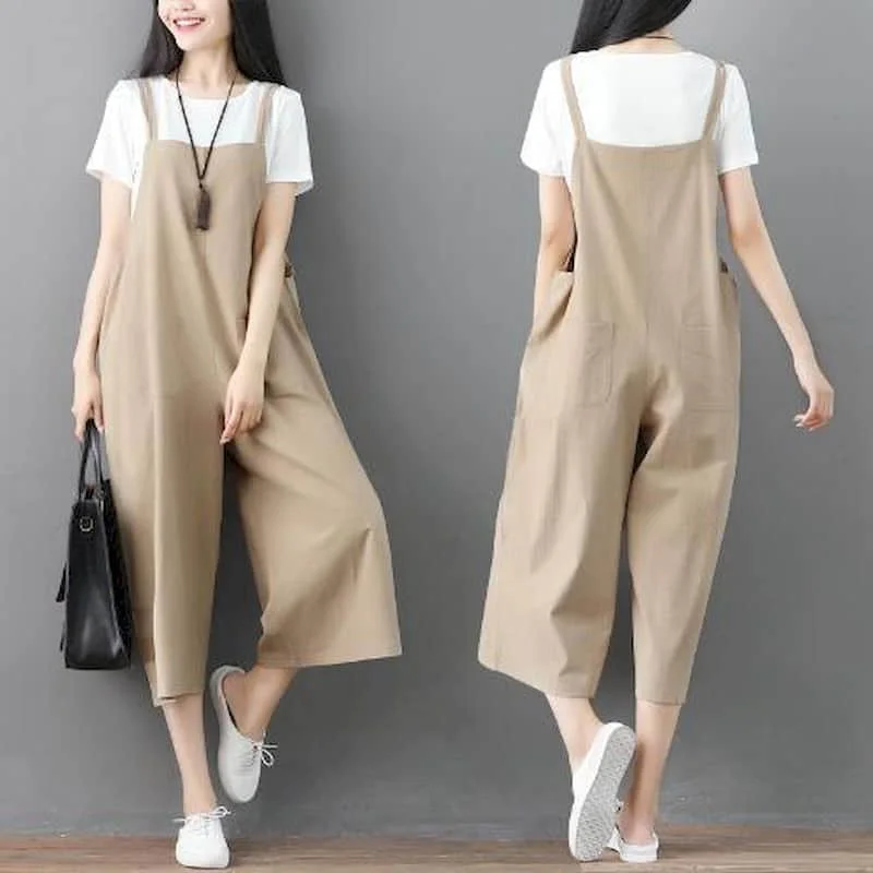 Solid Jumpsuits for Women Loose Workwear Playsuits Safari Style One Piece Outfit Women Casual Overalls Cropped Wide Leg Pants