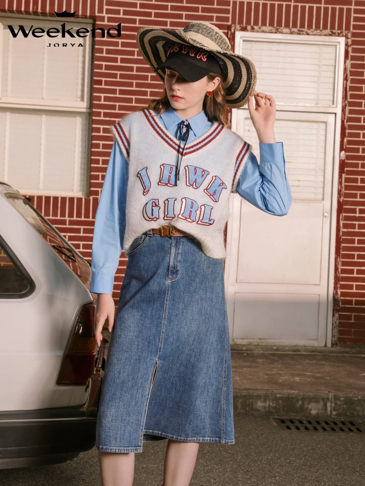 

Jorya Wed Faux Fur Letter Vest V-Ne Knitted Svel College Sle Trendy Top for Young Women Artistic Commute Wear