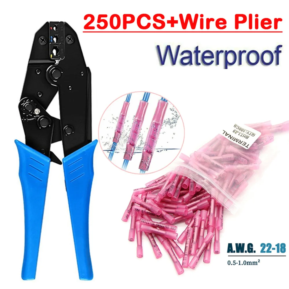 

250PCS Heat Shrink Butt Wire Connector Waterproof Insulated Wire Cable Terminal with HS-40J Pre-Insulated Ratchet Plier