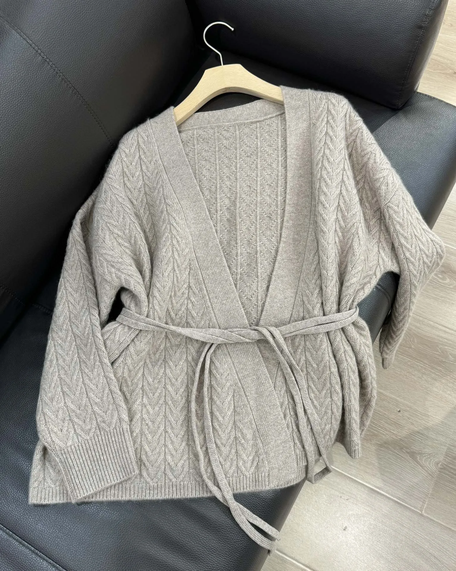 Luxurious heavy cashmere belted solid color knitted cardigan