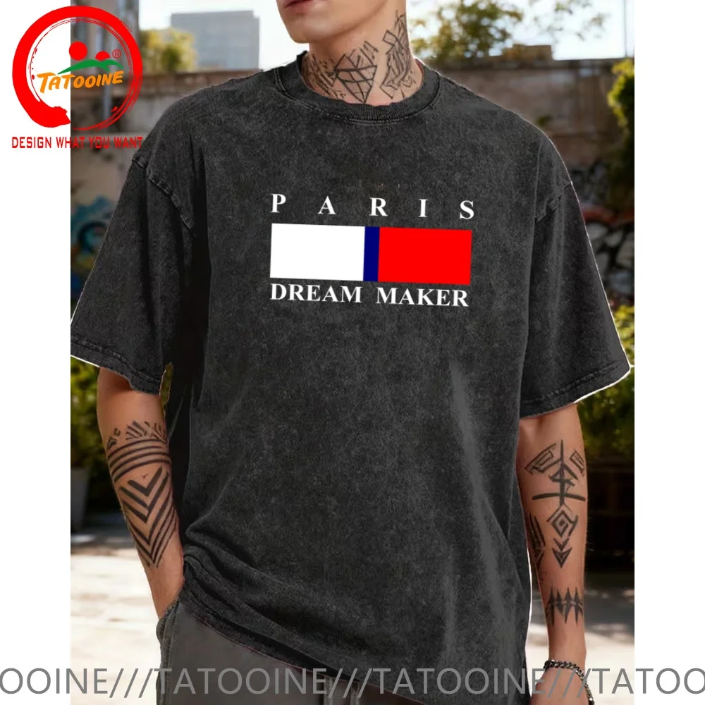 Vintage Washed Cotton T-Shirt Funny Designer Paris Dream Maker  T Shirt Men Fashion Trendy Casual Clothing Stylish Tops Tees