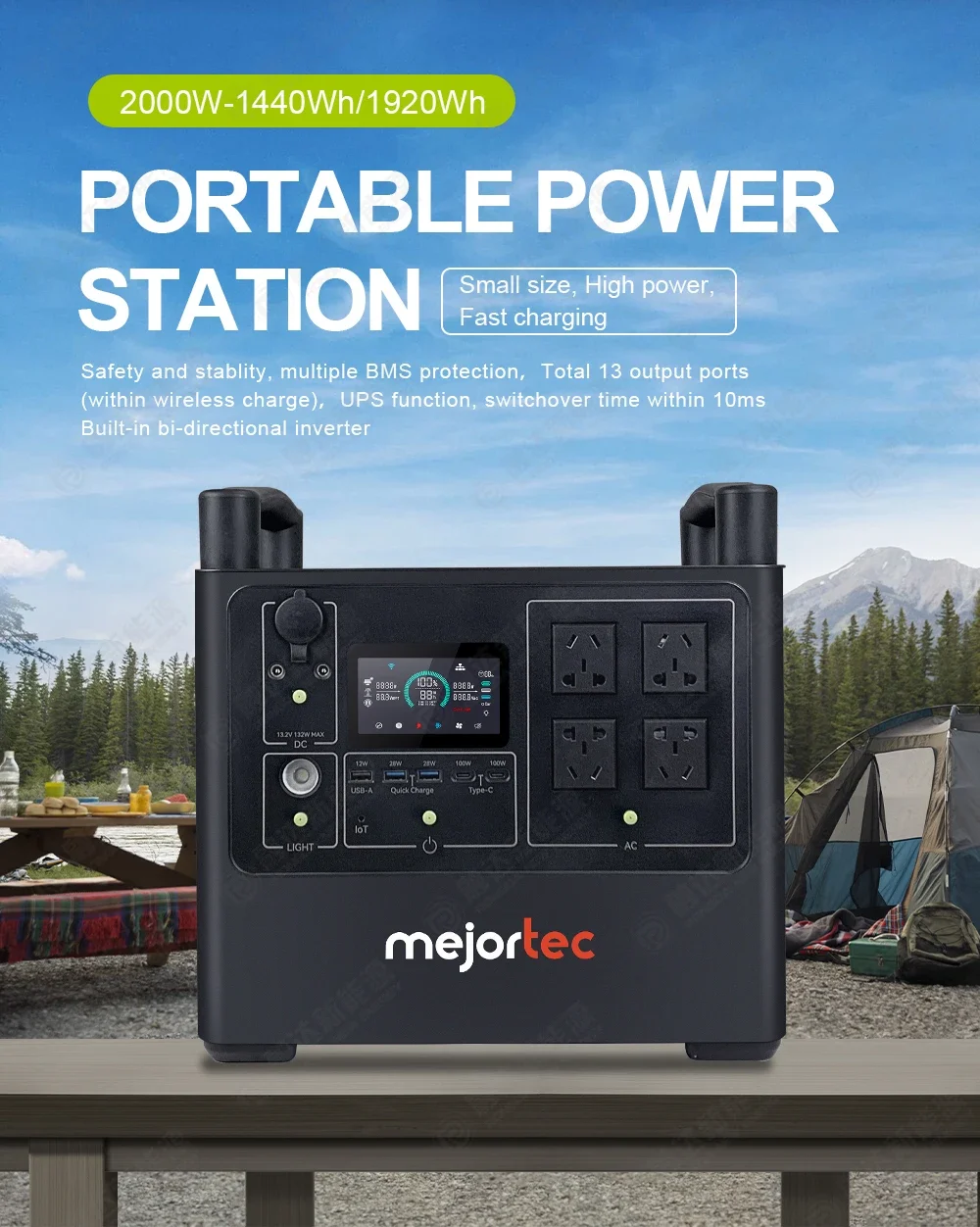 2000W Portable Power Station 2KW Solar Generator AC/DC Outlet Outdoor Camping Power Source Emergency Power Supply