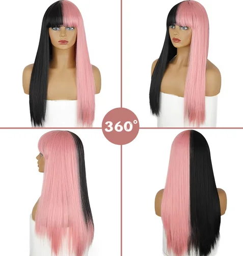 Synthetic wig Pink and Black Wig Long Straight hair Cosplay Wig Halloween wig Two Tone Ombre Color Women Hair Wigs Pink Green