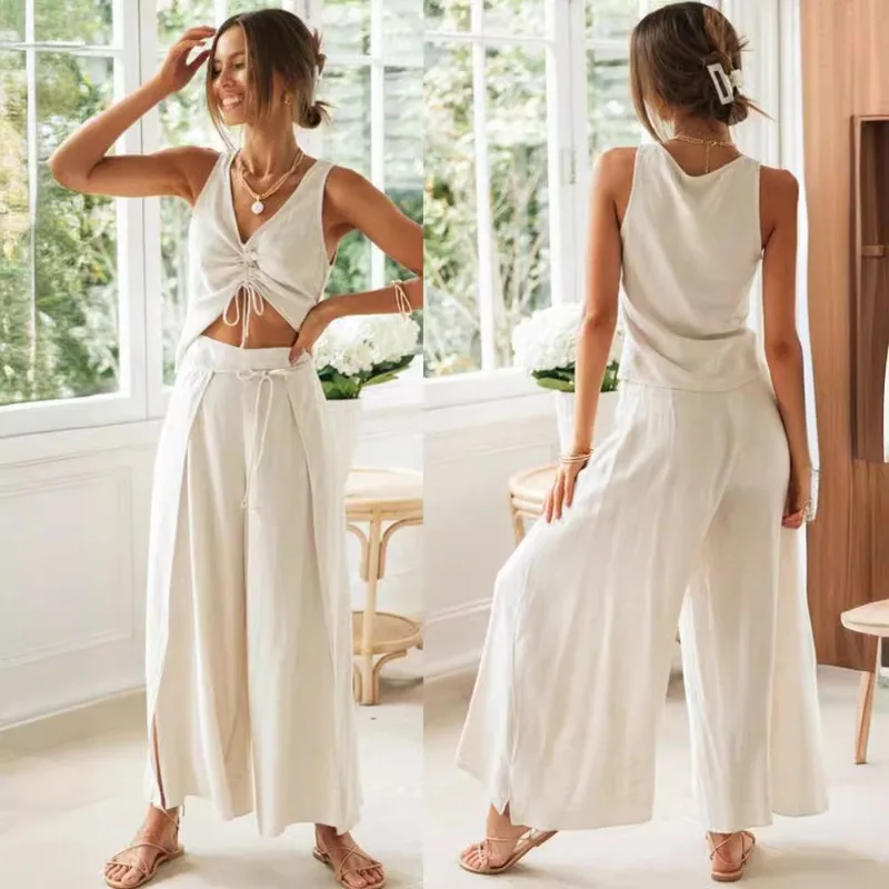 Top Pants Suit Women Solid Color Drawstring Short Sleeve Wide Leg Slit New Casual Minimalist Niche Versatile Fashionable Unique