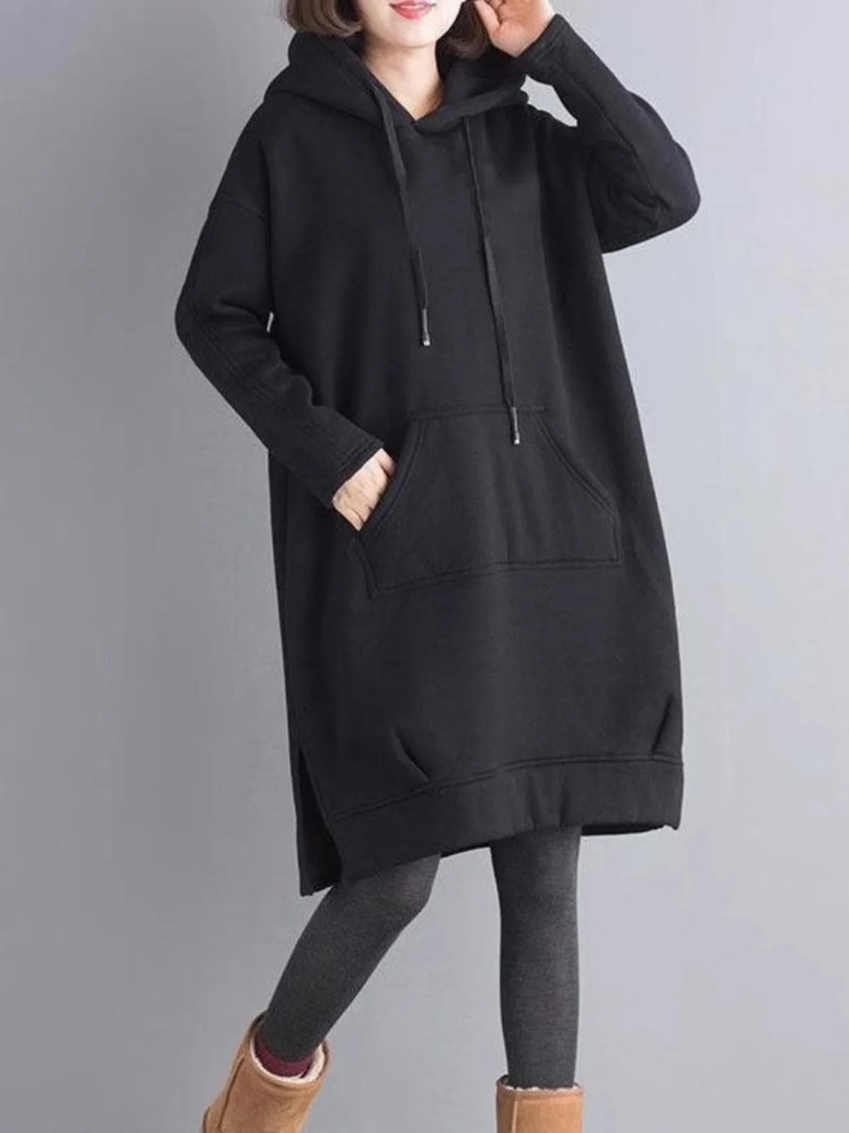 

Худи большого размера, утепленное, свободного кроя, с длинным рукавом, повседневная футболка в корейском стиле, осень-зима, новинка, однотонное, с разрезами