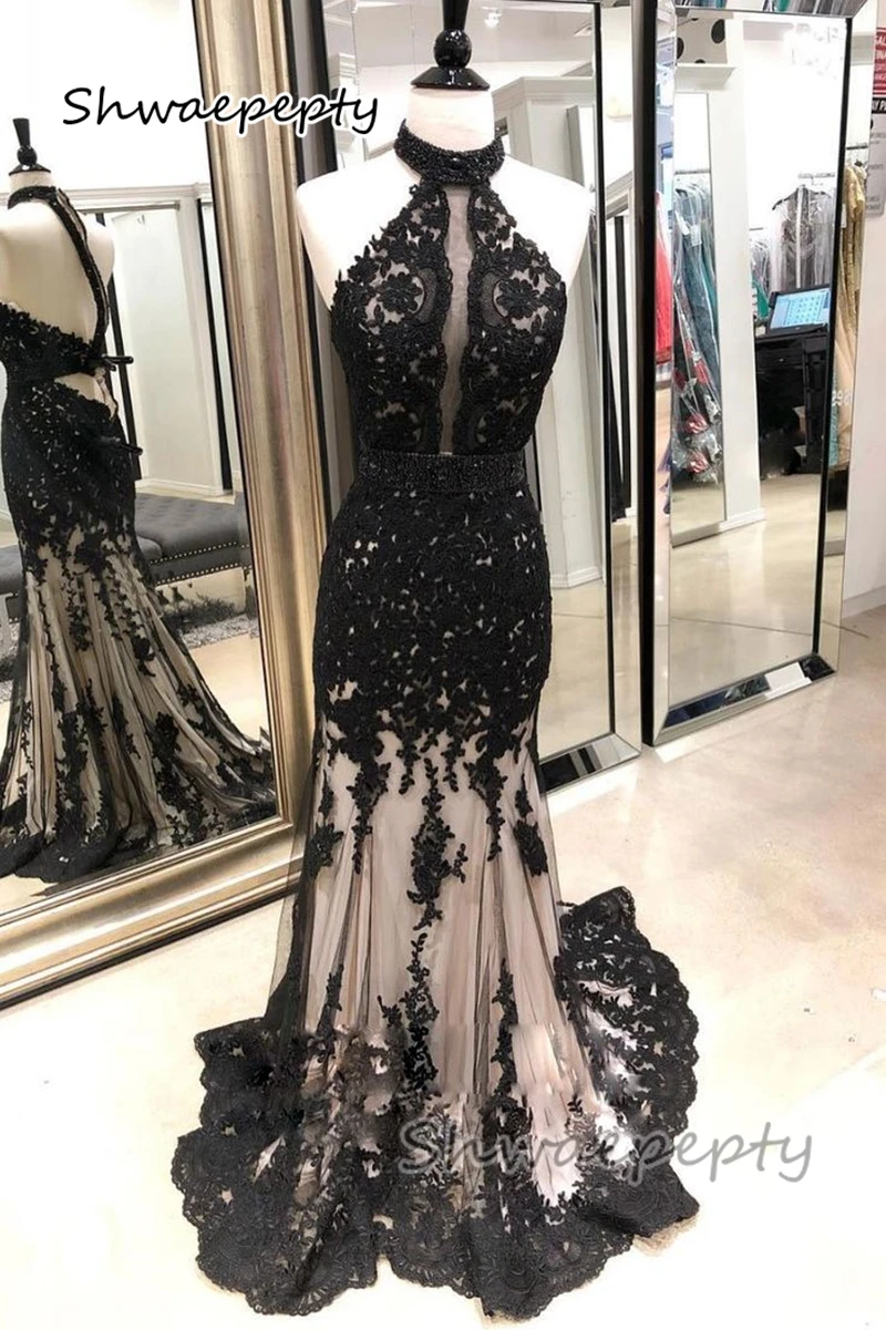 Personalizado preto renda praia vestido de casamento com halter pescoço aberto volta ilusão gótico vestido de noiva sem costas sexy novia