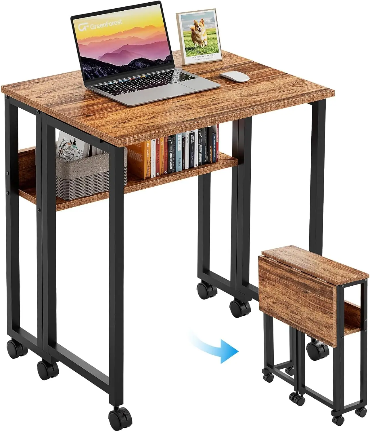 

Folding Desk Small Rolling Desk with Storage Shelf, 24.8 inch Foldable Computer Desk with Wheels for Small Space, Easy A