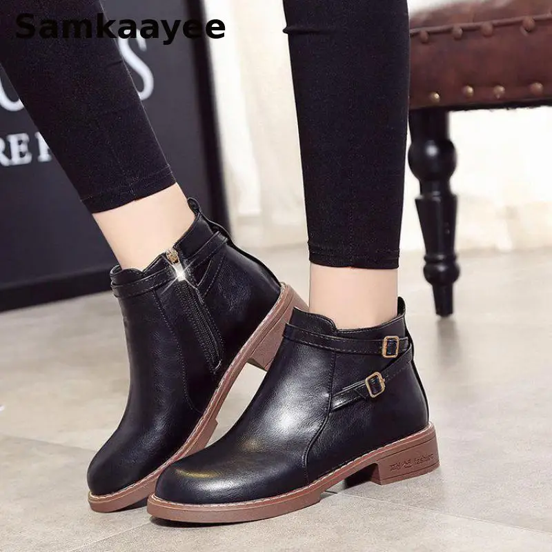 

35-42 Women Boots Autumn Winter Shoes Leather Ankle Boats Belt Buckle Round Toe Platform Zipper Motorcycle Non Slip Footwear y30