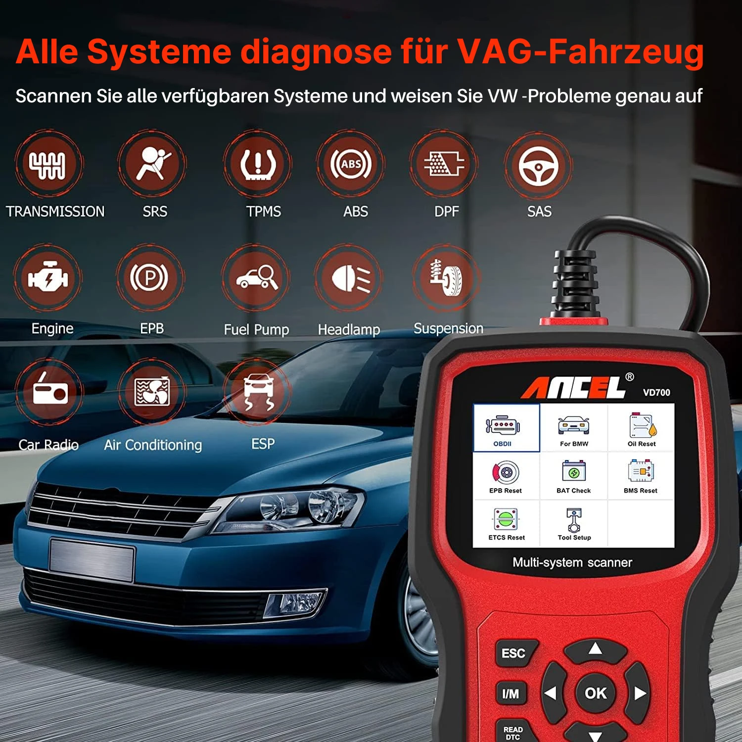 2.8 inch LCD Screen 10-Languages ANCEL VD700 Full System Diagnostic Tool OBD2 Scanner with 8 Special Functions for All VAG Cars