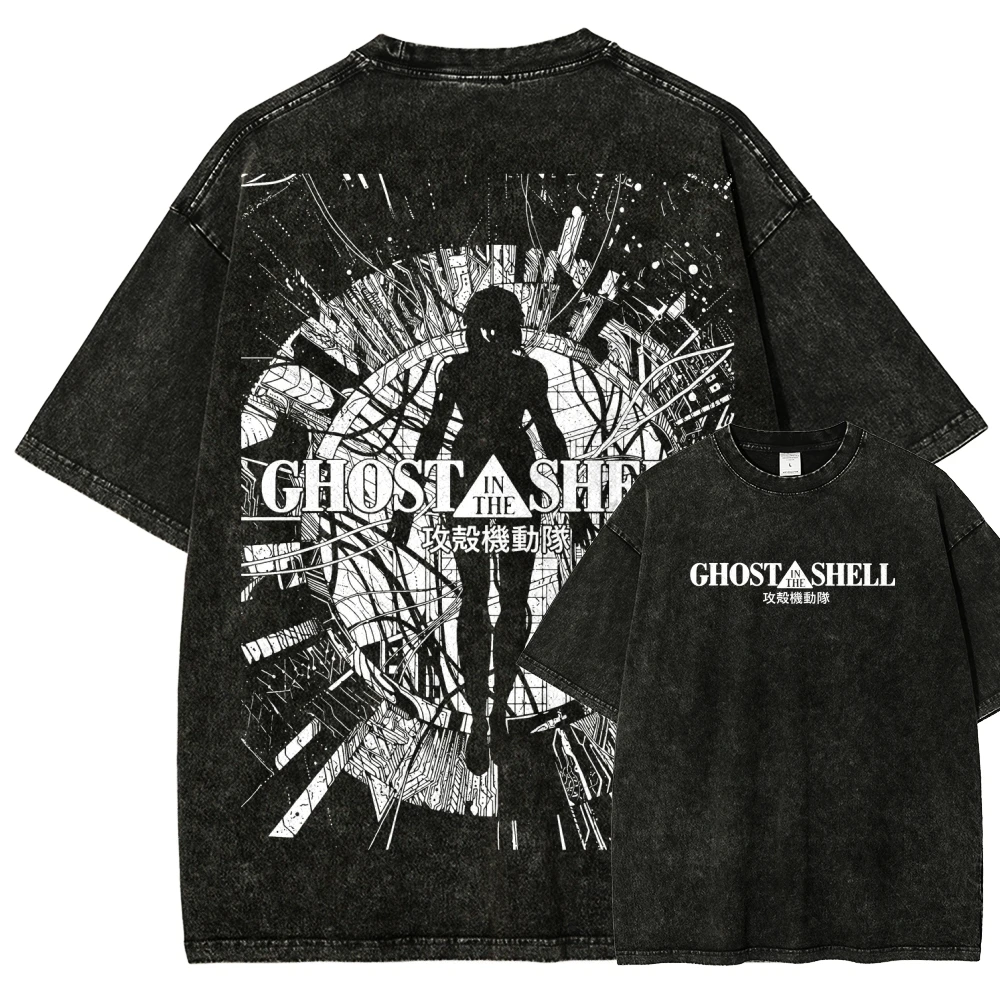 Hot Anmie Ghost in The Shell Anime Lover Washed T-shirt Personality Clothes Unisex Couples Hot Product Streetwear Soft