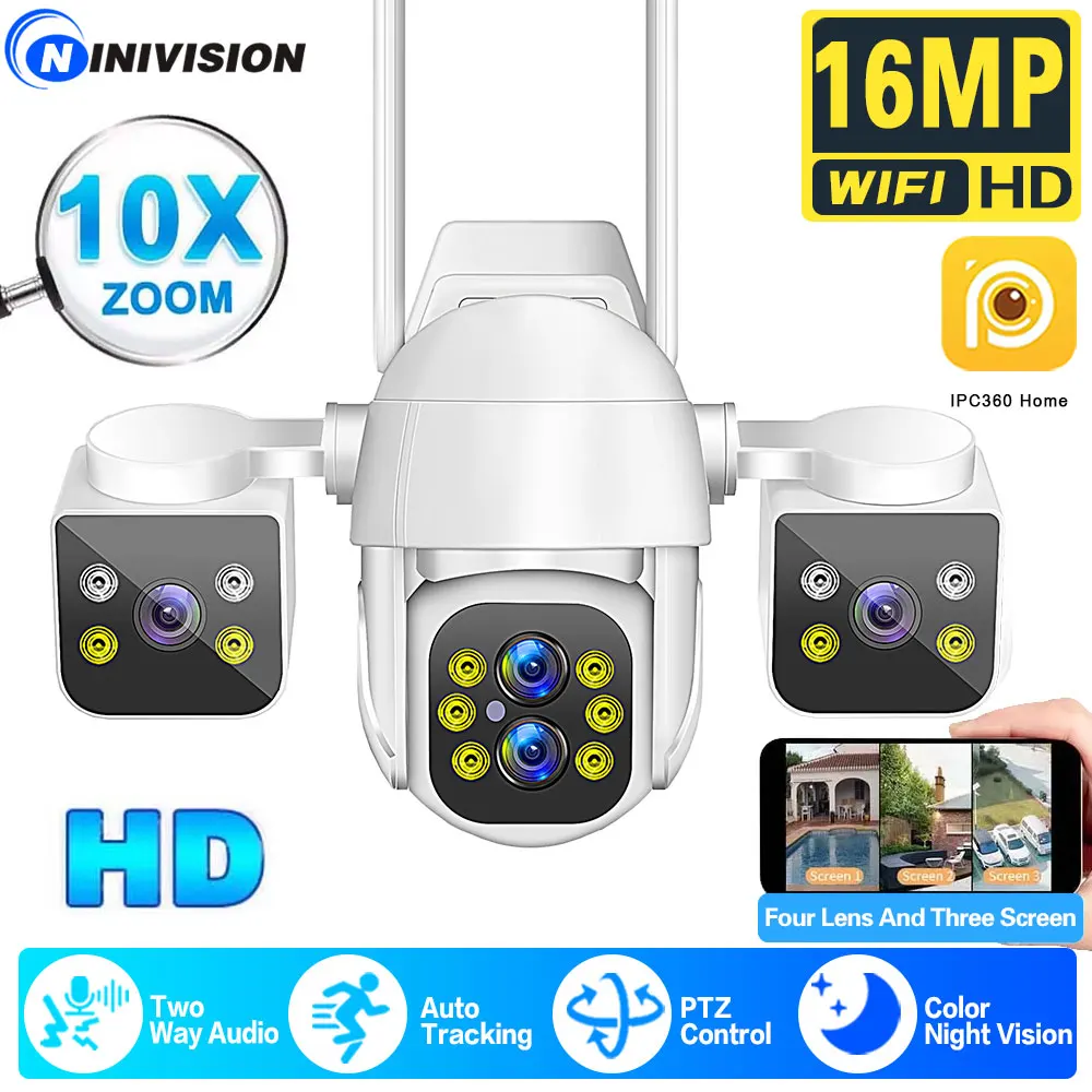 16MP Wifi Camera PTZ Outdoor 4 Lens 3 Screen 10X Digital Zoom Human Detection 8K Security IP Camera Surveillance IPC360 Home