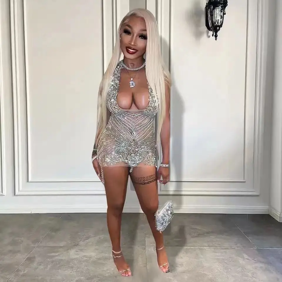 

Sexy Silver Rhinestone Stage Short Dress Women Queen Dancewear Performance Outfit